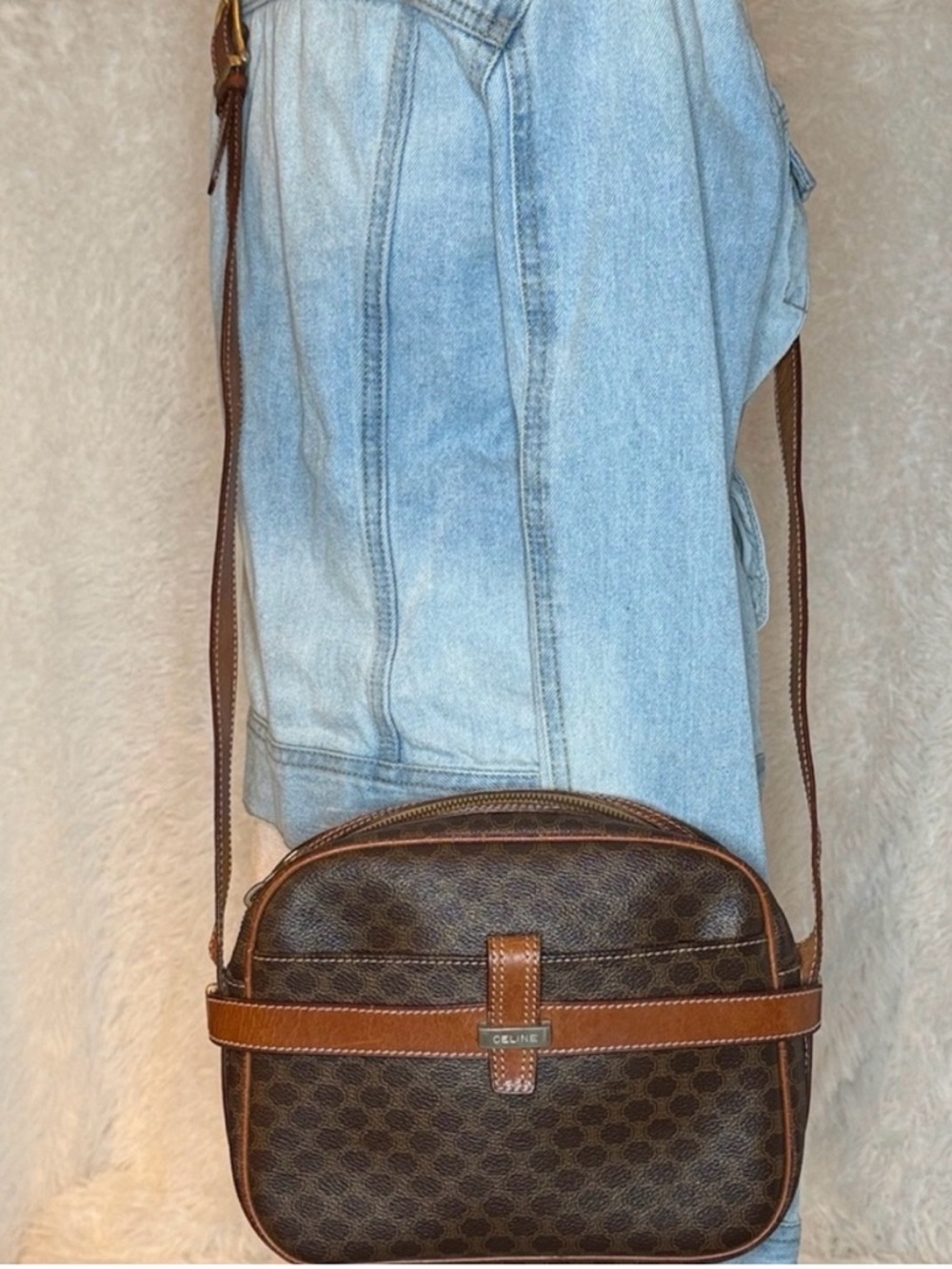 Celine Brown Monogram Crossbody Bag with Tan Trim